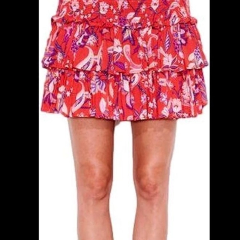 SUNDRY Red & Purple Floral Tiered Ruffle Mini Skirt Cottagecore Boho Festival - Picture 13 of 14